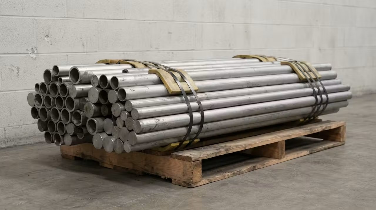 Bundles of alloy pipe and bar strapped to a pallet